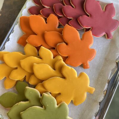Autumn leaf-shaped sugar cookies decorated in green yellow orange and red glaze.