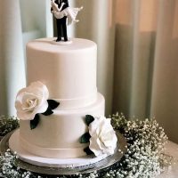 Two-tier fondant-draped wedding cake.