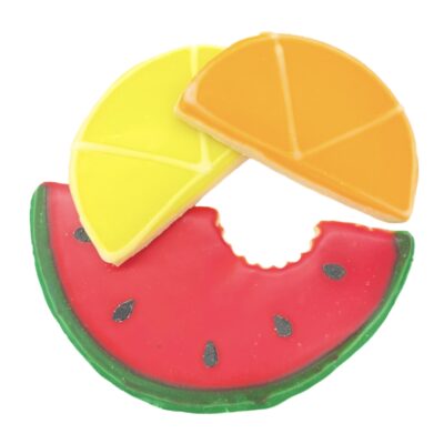 Example of watermelon slice, orange slice and lemon slice shaped and glazed sugar cookies.