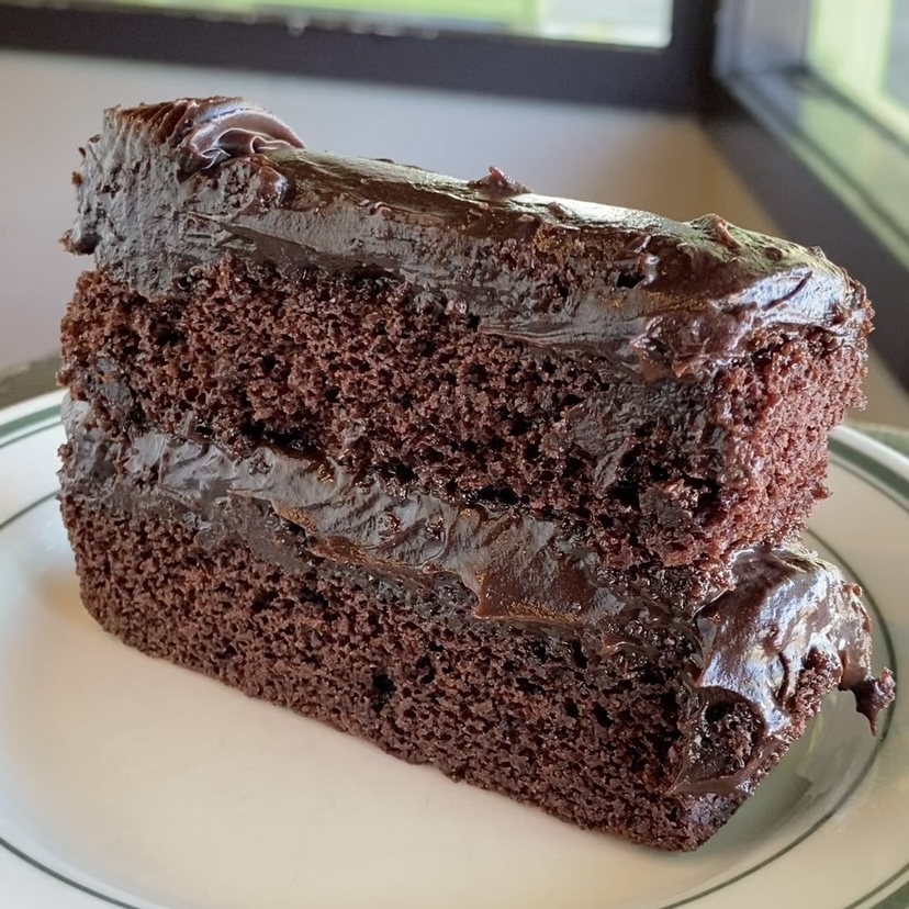 Slice of Blackout Cake showing cake layers.