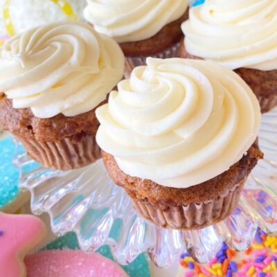Detail of cream cheese frosted carrot cupcakes.