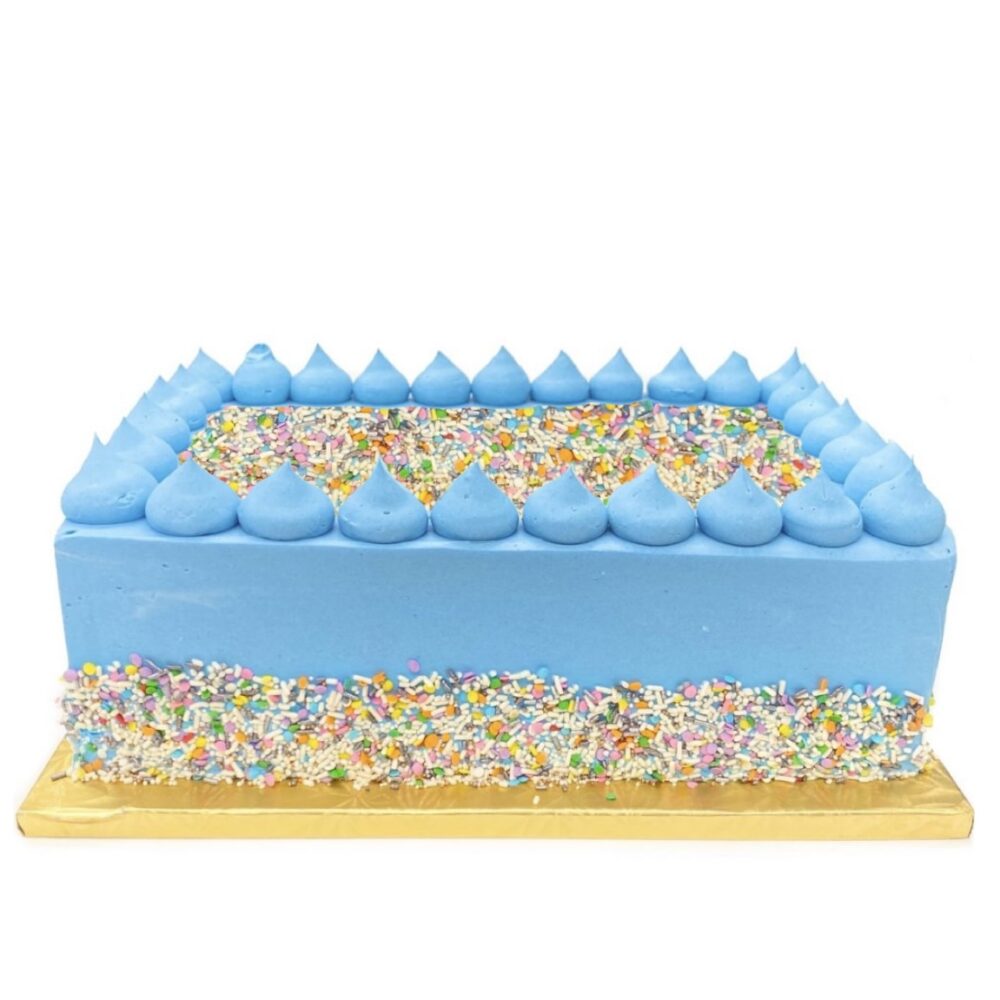 Blue frosted Celebration cake.