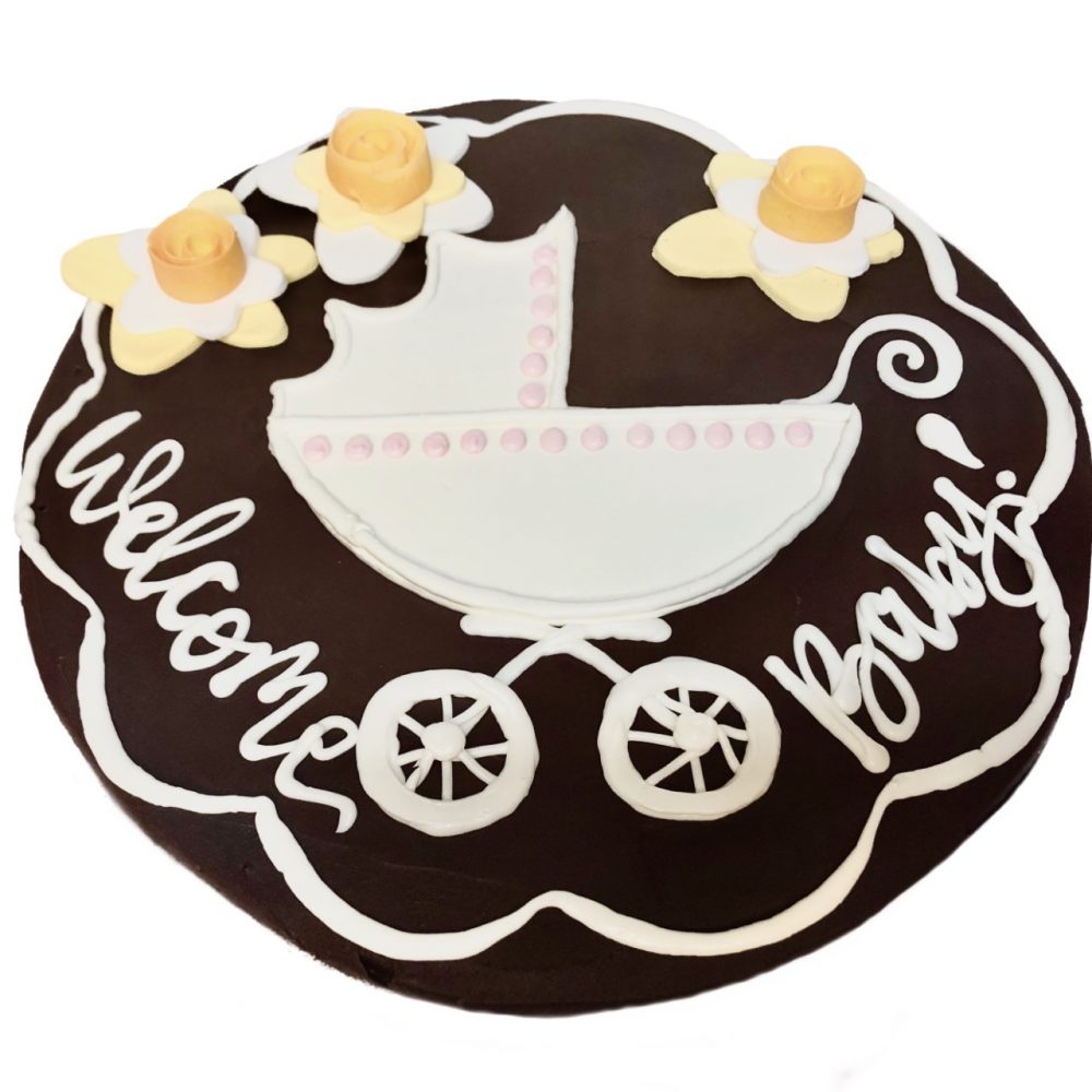 Example of Baby Carriage decoration on fudge cake.