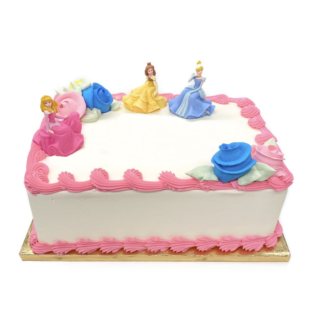Side view of sheet cake with Disney Princess decoration frosted in white buttercream.