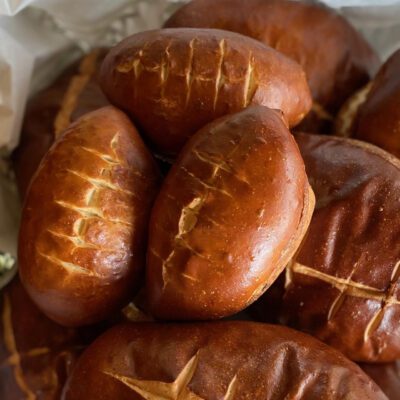 Football-shaped pretzel buns.