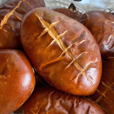 Pretzel bread football-shaped loaf.