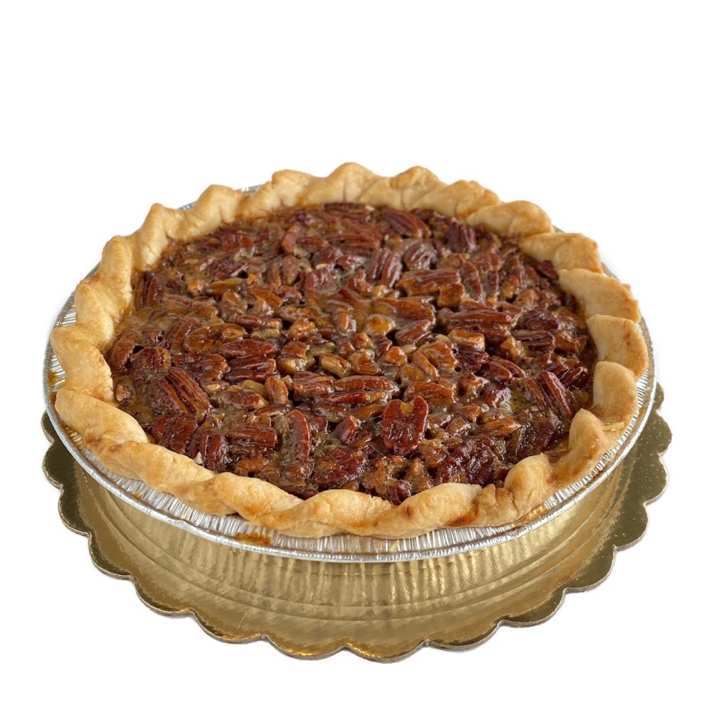 Side view of pecan pie.