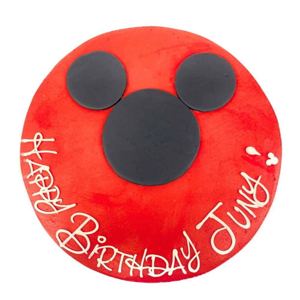 Top view of Mickey Mouse cake.