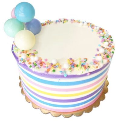 Side view of pastel rainbow balloons cake.