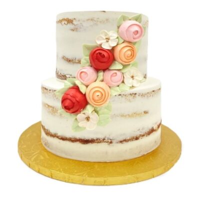 Example of two-tiered semi-naked cake in white buttercream with roses cascade decoration.