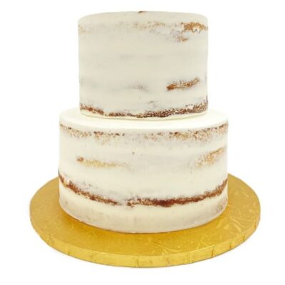 Example of two-tiered semi-naked cake in white buttercream.