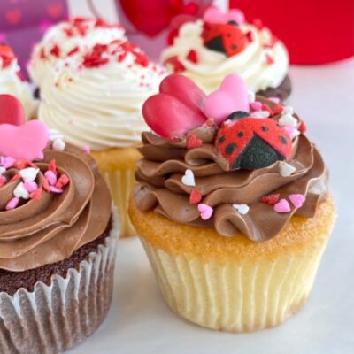 Detail of Valentine's Day frosted chocolate buttercream cupcakes.